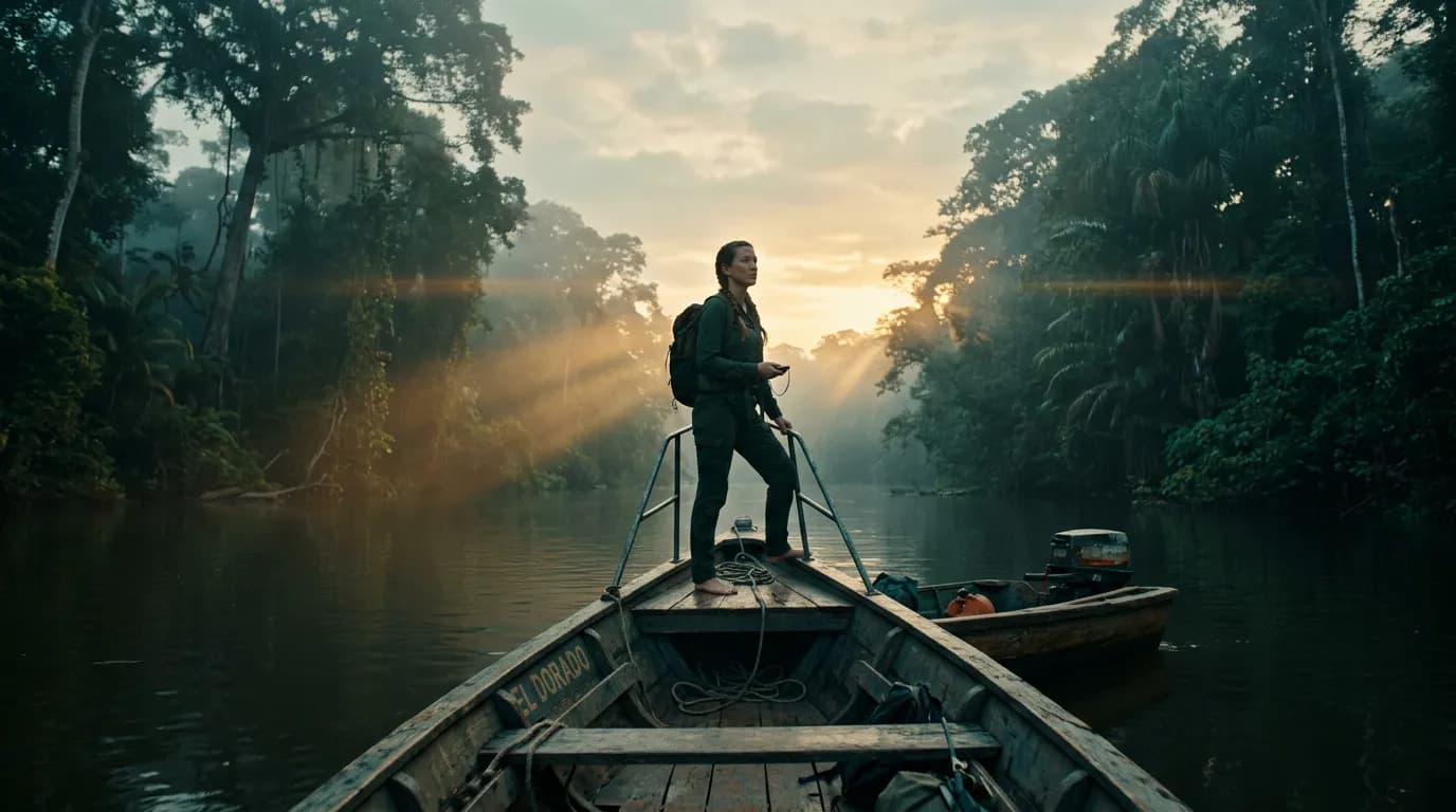 A weathered motorboat cutting slowly through river mist — the shot being rendered